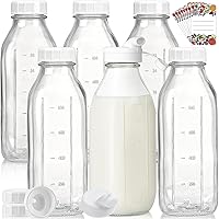 Glass Milk Bottles w 100% Airtight Screw Lids and 2 Pour Spouts- 6 Pack 32 Oz Smoothie Bottles - Food Grade Glass Water Bottl