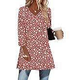 AKEWEI Womens Blouses Casual 3/4 Sleeve Tops for Women V Neck Tunics to Wear with Leggings Swing Flare