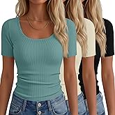 Neer 3 Pack Fitted Ribbed Scoop Neck T-Shirts for Women, Tight Short Sleeve Tops Slim Basic Tee Trendy Summer Blouses