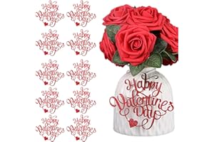 HYDREN 10 Pcs Happy Valentines Day Decorations Centerpieces Valentines Day Red Glitter Cutouts Banner Jar Tags Vase Tags Gift with Burlap Rope for Wedding Anniversary Proposal Decor