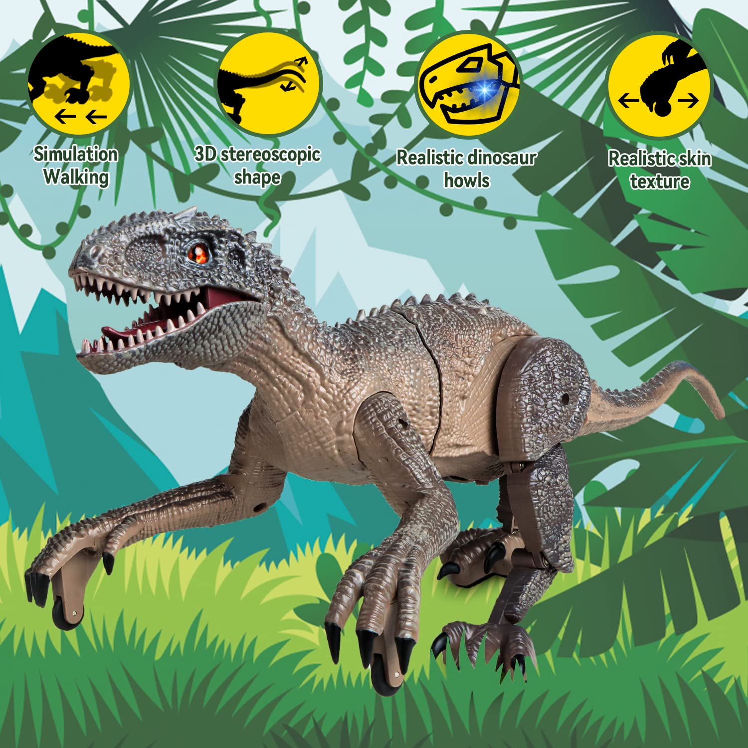 Kizmyee Dinosaurier Spielzeug，Dinosaurier Ferngesteuert für Kinder Realistisches Velociraptor mit Gehen，Brüllen，Leuchtenden Augen und Kopfschütteln Kleinkinder Jungen Mädchen Geschenkfür 4