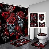 RinRinfam 4Pcs Skull Shower Curtain Set, Helloween Red Rose Skull Shower Curtain Set Non-Slip Rug,Toilet Lid Cover,U Shape Mat,Waterproof Bathroom Decor Sets with 12 Hooks,Red Black
