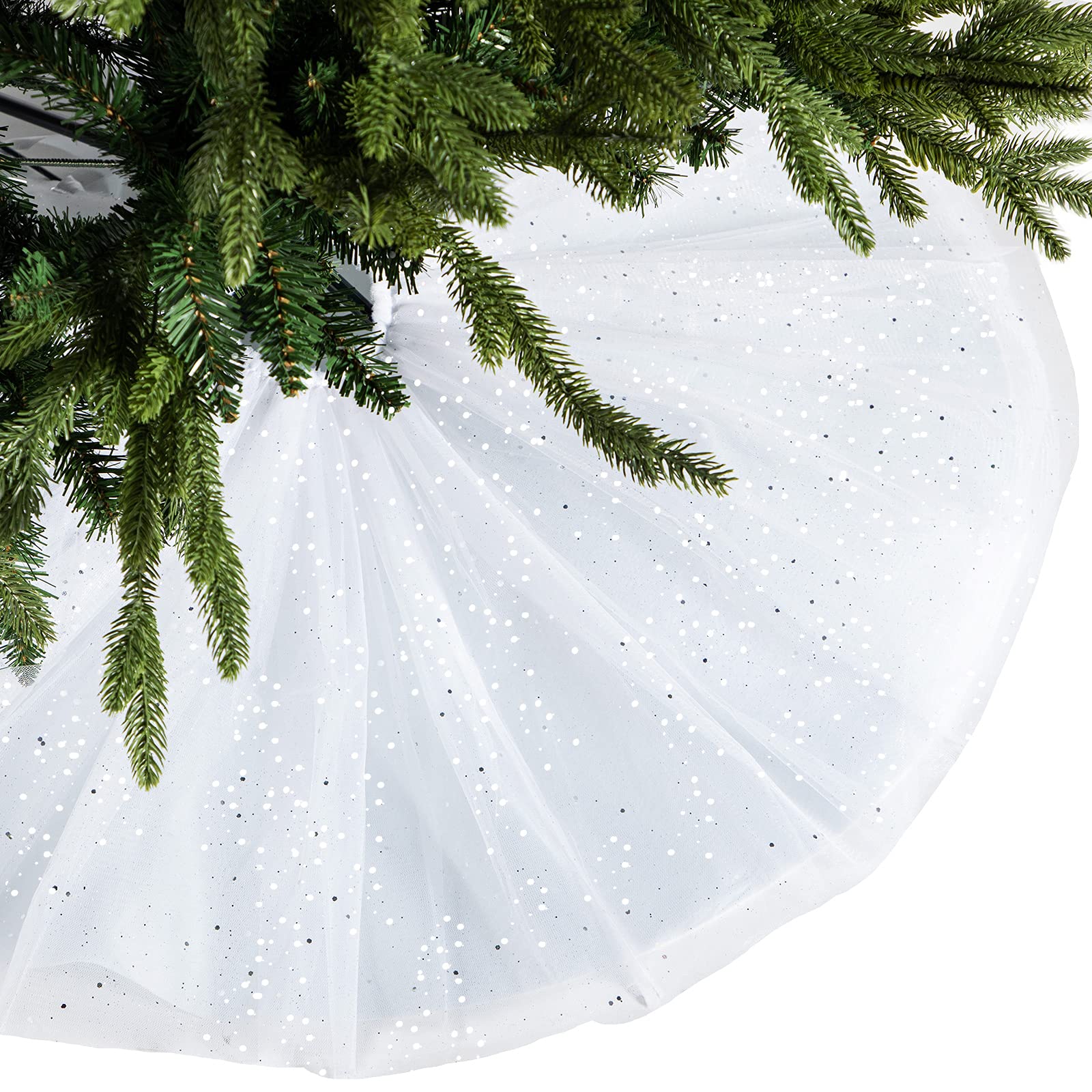 Christmas Tree Skirt Ruffle Glitter Shiny Xmas Tree Tulle Skirt Sequin Double Layers Xmas Trees Round Mat for Christmas Valentine's Day Party Decoration Indoor Outdoor (White, 48 Inch)