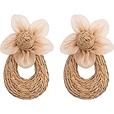 Boho Raffia Earrings for Women– Statement Woven Rattan Floral Dangle Earrings with Sheer Flower Accents for Summer Beach