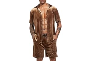 LecGee Men Summer Casual Short Sets Velvet Short Sleeve Button Down Shirt Elastic Waist Shorts 2 Piece Outfits Tracksuit