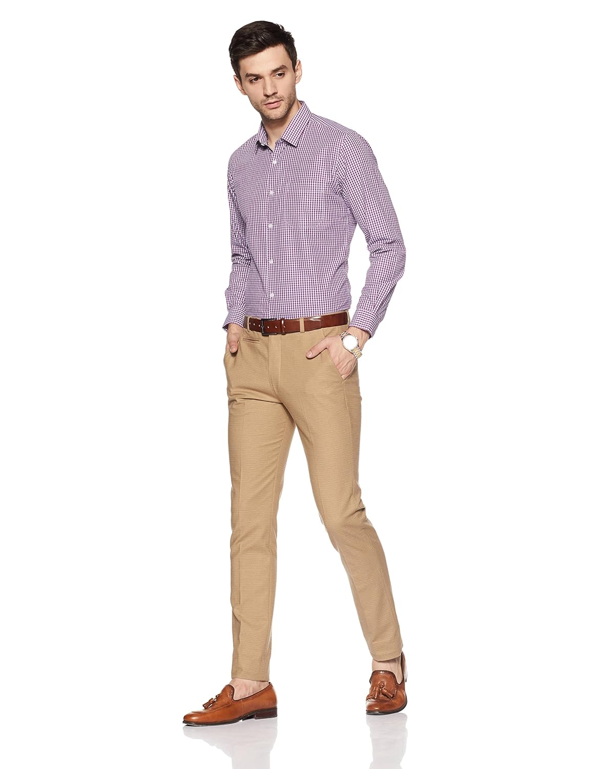 peter england men's checkered slim fit cotton formal shirt