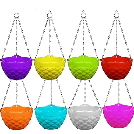 Nursery Hub Hanging Diamond Pot Blue Green Orange Yellow Plant Container (Plastic, External Height - 12 cm) Set of 8 Pot Chain
