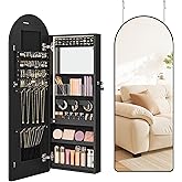 SONGMICS Wide Jewelry Organizer, LED Jewelry Cabinet Wall/Door Mounted, Arched Mirror with Storage, Lockable, Rounded Corner, Interior Mirror, 3.9 x 16.5 x 42.5 Inches, Ink Black UJJC020B01