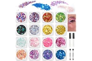 SIUSIO 16 Colors Chunky Holographic Body Glitter with Glue for Face Glitters Makeup, Hair, Eye & Fine Glitter Eyeshadow, Perfect for Fourth of July Flag Party, Halloween, Festival, Makeup Nail Art