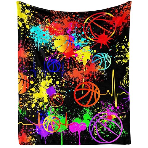 CaomeiWu Basketball Throw Blanket, 80" x 60" Flannel Cool Themed Printed Stuffed Plush Orange Blanket, Soft Nap Throw for Home Boys Girls Women Lovers Gifts