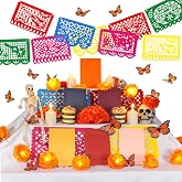 Norme 67 Pcs Day of The Dead Decor Set Ofrenda Altar Kit, Skull,Guitar | 2 Marigold LED Garlands, 6 Frames, 40 Tissue Flowers, 18 Butterflies, Banner for Dia De Muertos Ofrenda Memorial Table
