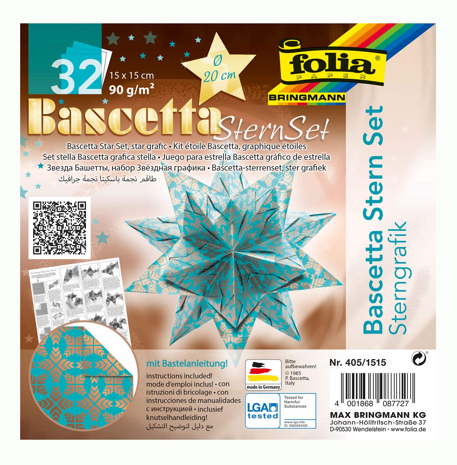 folia 405/1515 Bascetta Star Graphic Craft Set Turquoise/Copper 32 Sheets 15 x 15 cm Finished Size of Paper Star Approx. 20 cm with Detailed Instructions (English Language not Guaranteed) Ideal for