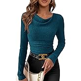 PRETTYGARDEN Women's Long Sleeve Cowl Neck Ribbed Knit Spring Shirts Slim Fit Ruched Going Out Crop Tops Basic T-Shirts