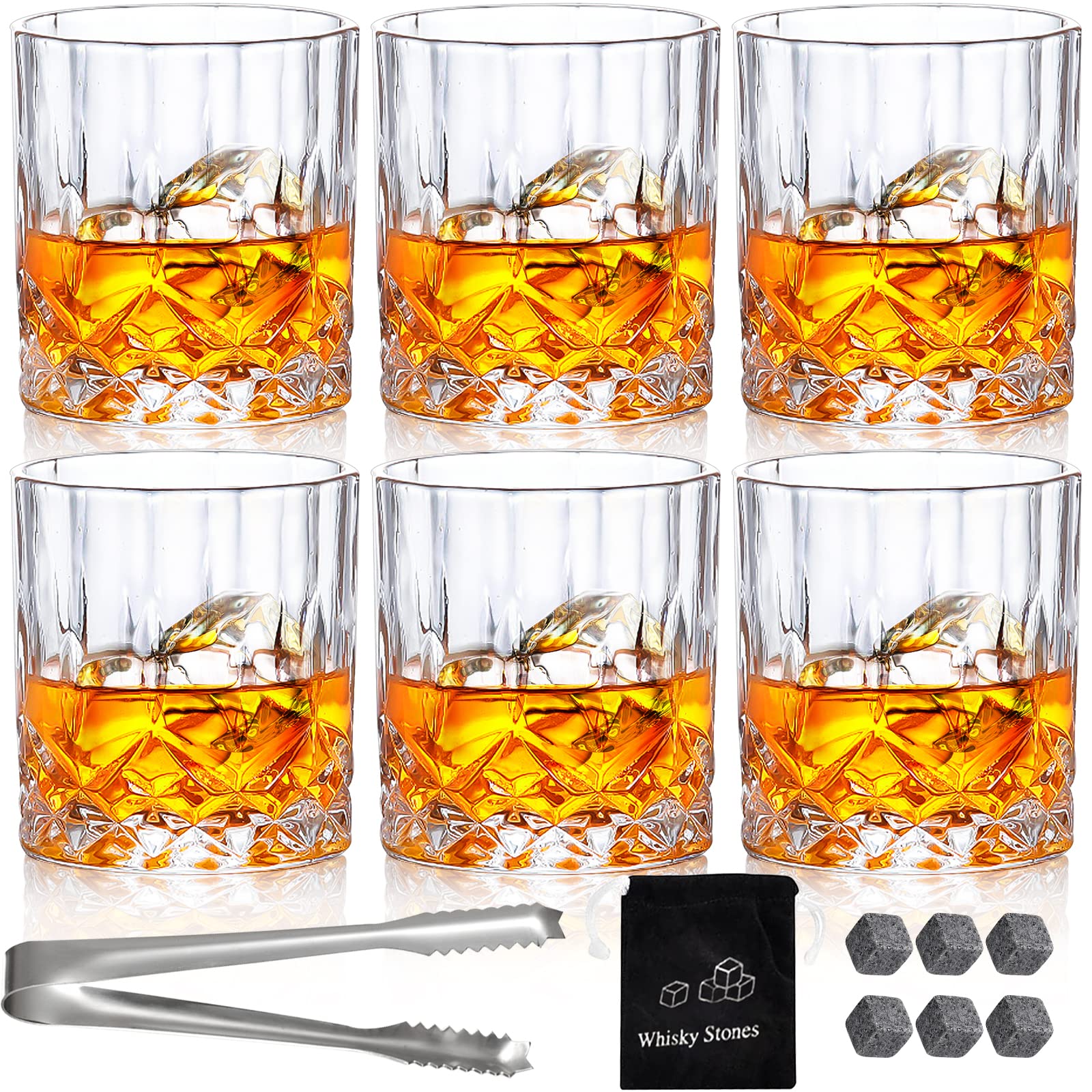 Whiskey Glasses Set of 6 Vintage Whisky Tumblers 300ml Clear Glass Cups Drinking Glasses Bourbon Brandy Rum Cocktail Home Bar Party