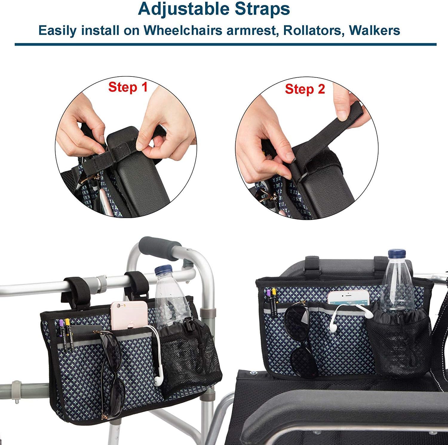 Pacmaxi Wheelchair Bag Sets- Wheelchair Backpack & Side Bag– Convenient Wheelchair Accessories for Armrest-Storage and Collect Item (Navy Blue with Starry Print): Health & Personal Care