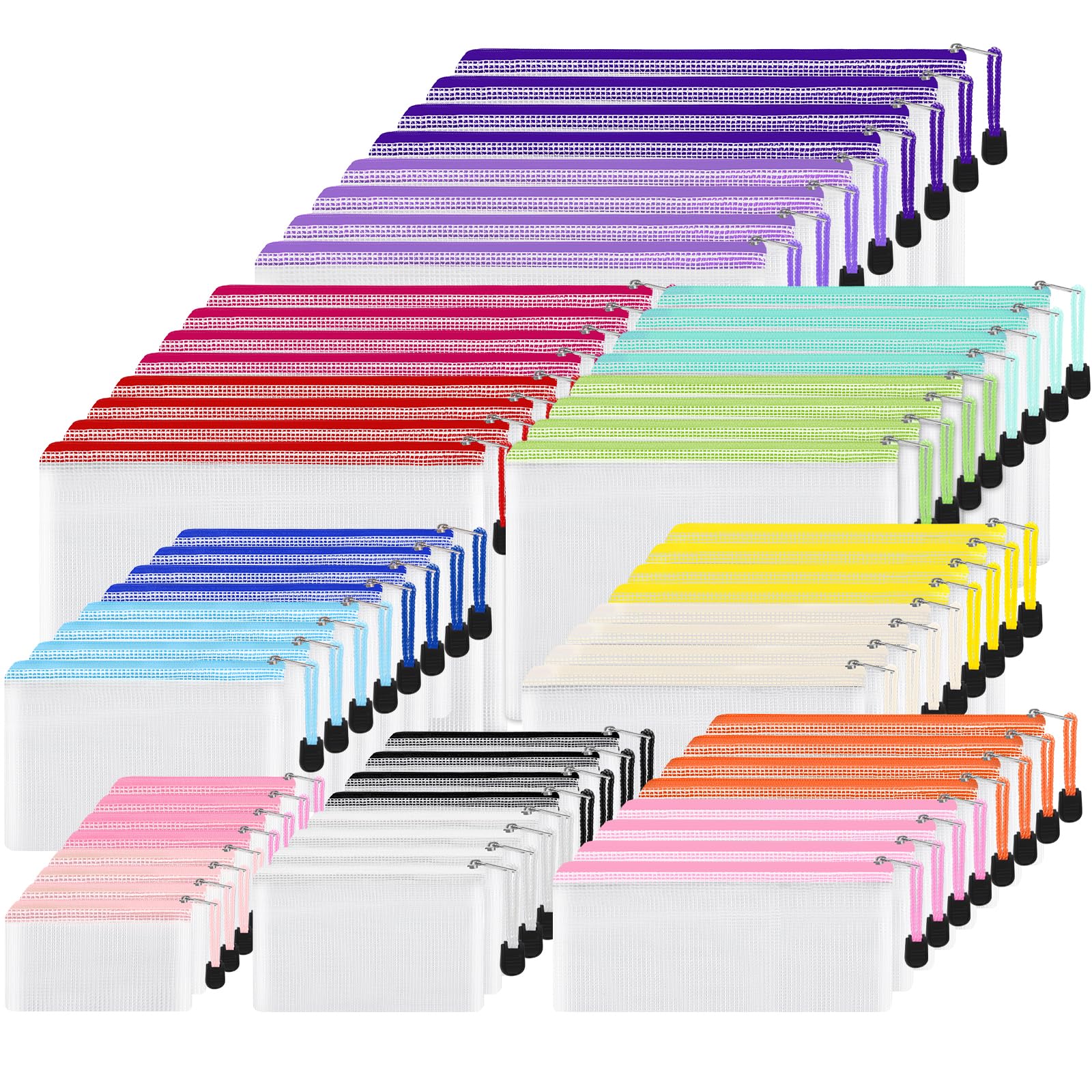 EOOUT 64pcs Mesh Zipper Pouch Bags, 8 Sizes Plastic Bags, 15 Colors Waterproof Pouches with Slide Fastener for Organization, Multipurpose for Travel, School Supplies, Office and Home Organization Image