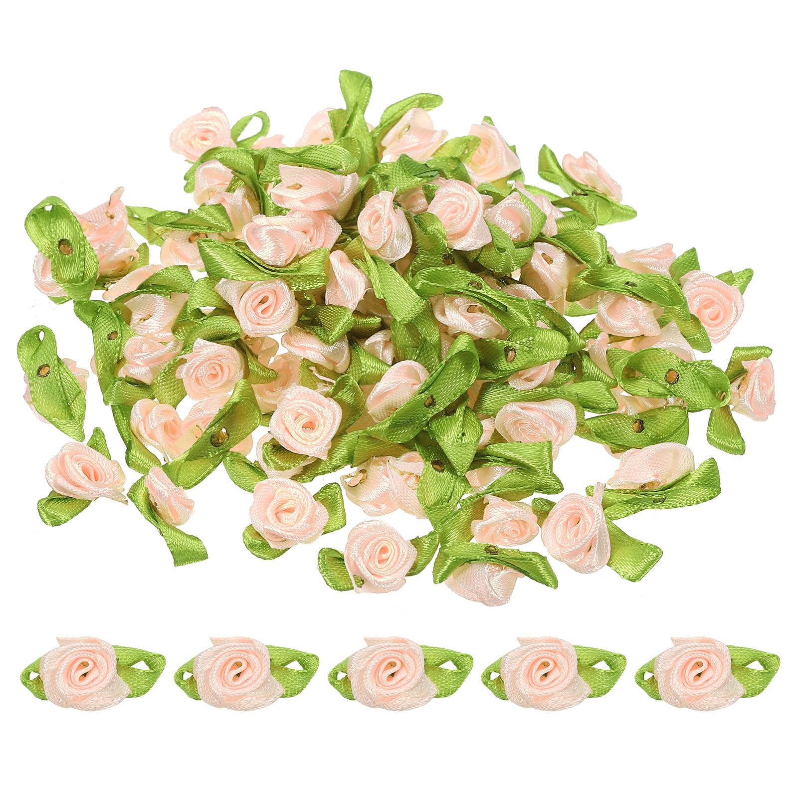 PATIKIL Mini Ribbon Roses, 100 Pcs Tiny Satin Fabric Flowers with Green Leaves Embellishments Rosettes Applique for DIY Crafts Sewing Wedding,Light Pink — image 1