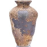 Small Stone Vase for Rustic Home Decor, Farmhouse Antique Pottery Vase Furniture&Table Flower Decorative, Round Terracotta Vases for Living Room Decor, Modern Rustic Concrete Clay Art Vases