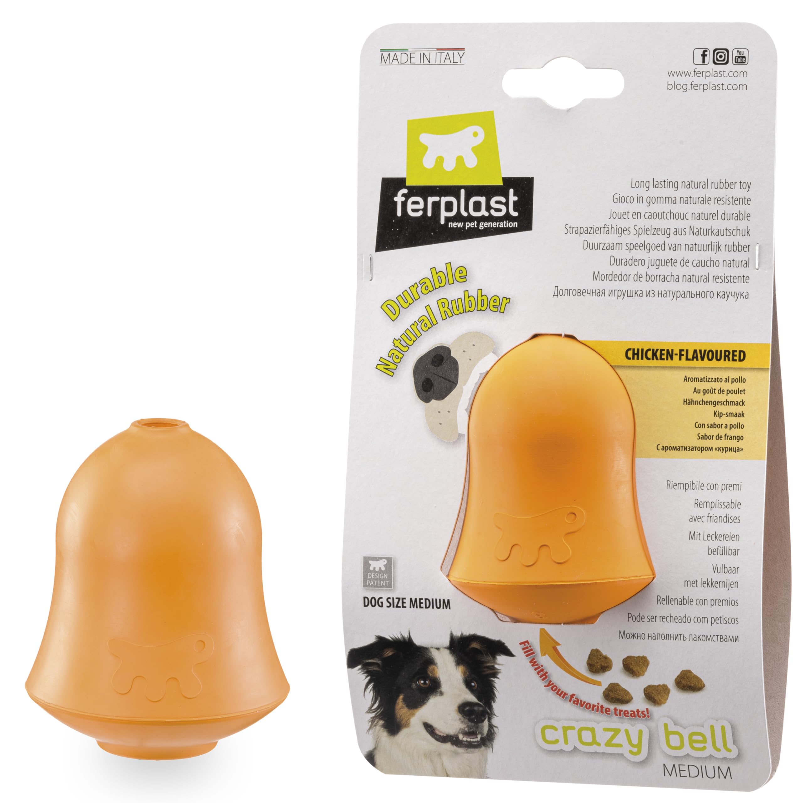Ferplast CRAZY BELL Dog Toy - Refillable Dispenser for Extended Training - Chicken Flavored for Chewing - Irregular Bouncing - Ultra Durable Natural Rubber - for Medium Dogs, Size M