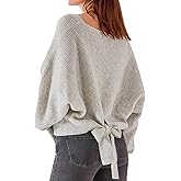 Simple&Opulence Women's Open Back Sweater with Bow Tie Long Sleeve V Neck Backless Drop Shoulder Knit Pullover Sweaters S-XL
