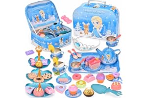 Lajeje 50 Pcs Toddler Tea Party Set for Little Girls-Frozen Toys for Girls, Elsa Princess Kids Tea Set, Kitchen Pretend Toy with Tin Tea Set, Birthday Gifts for Age 3 4 5 6 7 8 Year Olds