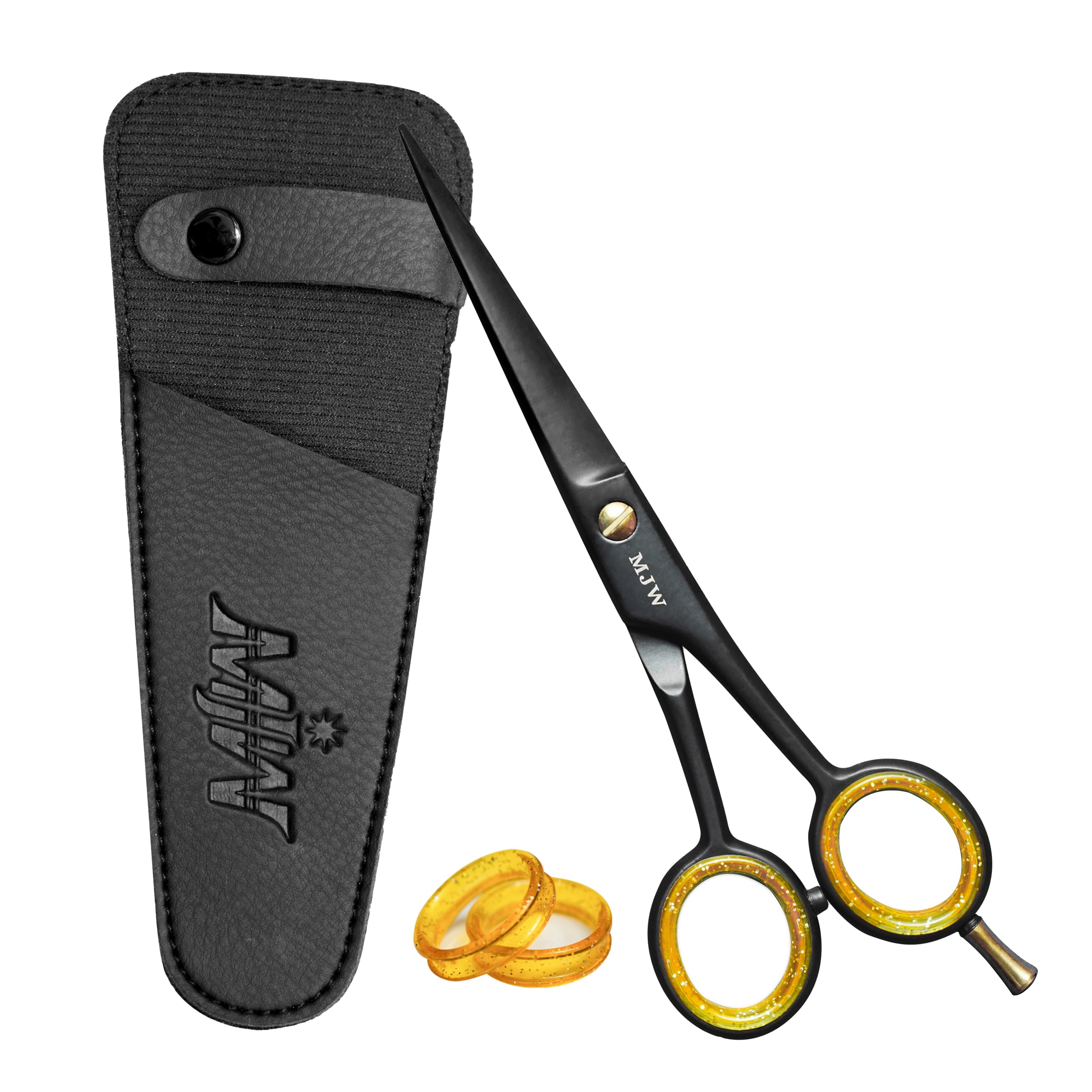 MJW Professional Barber Scissors 6.5" (Black) - Stainless Steel Hair Cutting Shears for Hairdressers, Salon & Home - Beard & Moustache Trimming - Pouch + Finger Inserts