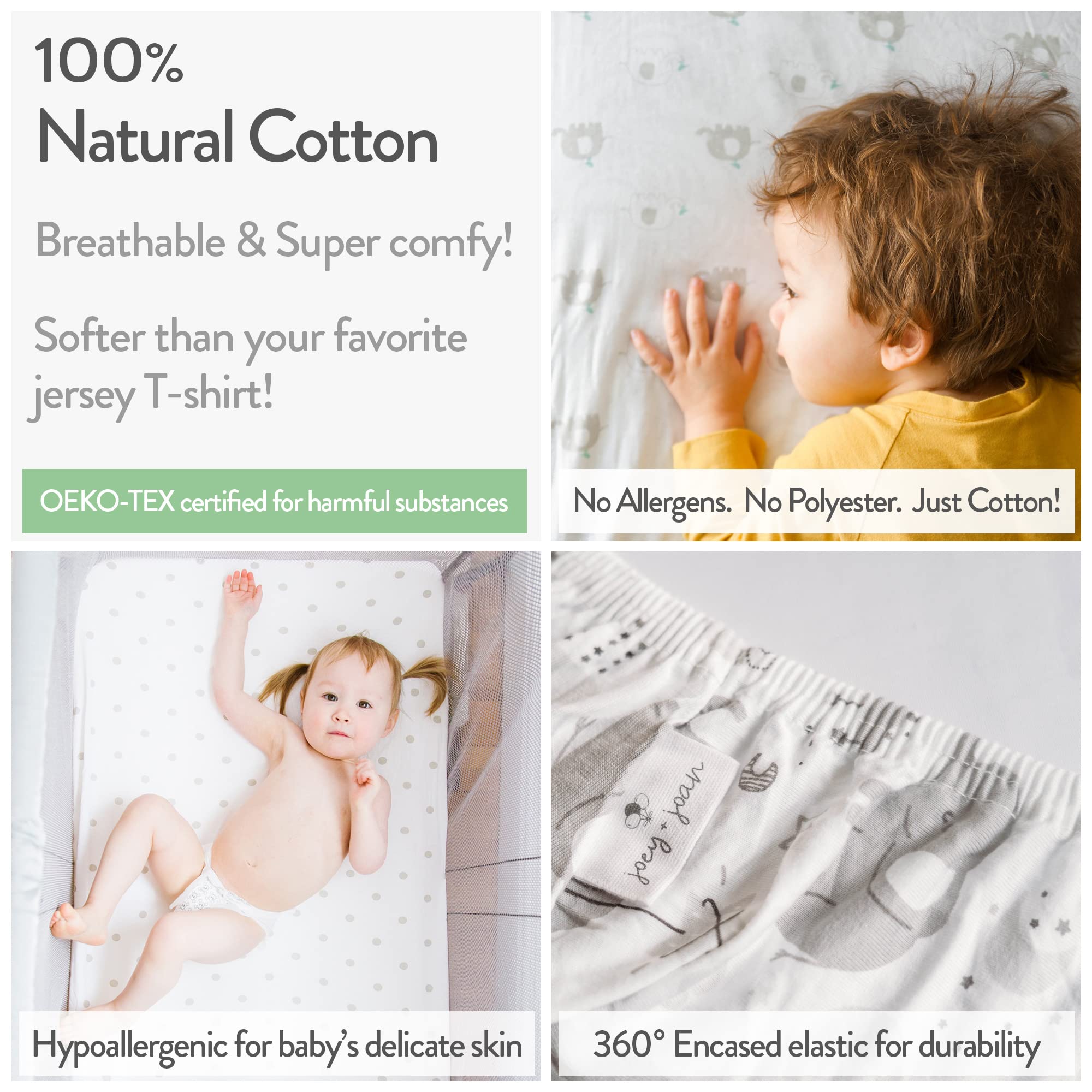 Cuddly Cubs Pack n Play Sheets | 2 Pack Playard Sheet for Baby Girl and Boy | Pure Jersey Cotton Unisex Mini Portable Crib Sheets | Sheep and Stripe in Grey | Compatible with Graco Pack and Play