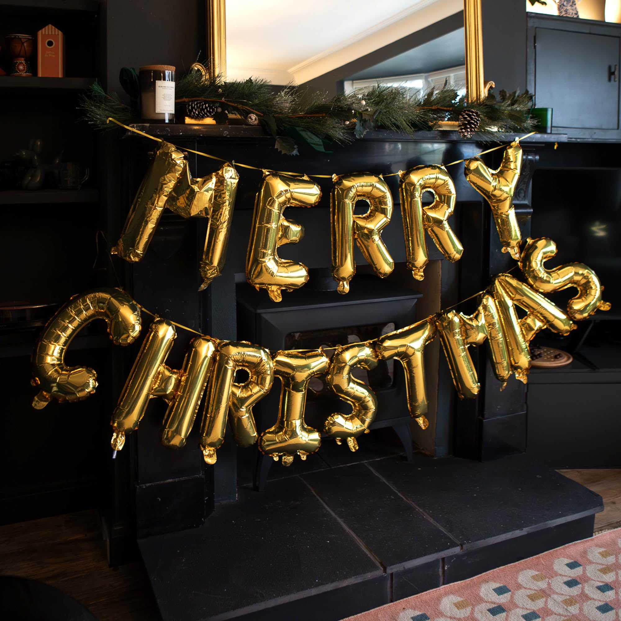 I LOVE FANCY DRESS Merry Christmas Balloon Happy New Year Gold Balloon Banner - Helium and Air- For Christmas Party Decoration (Gold)