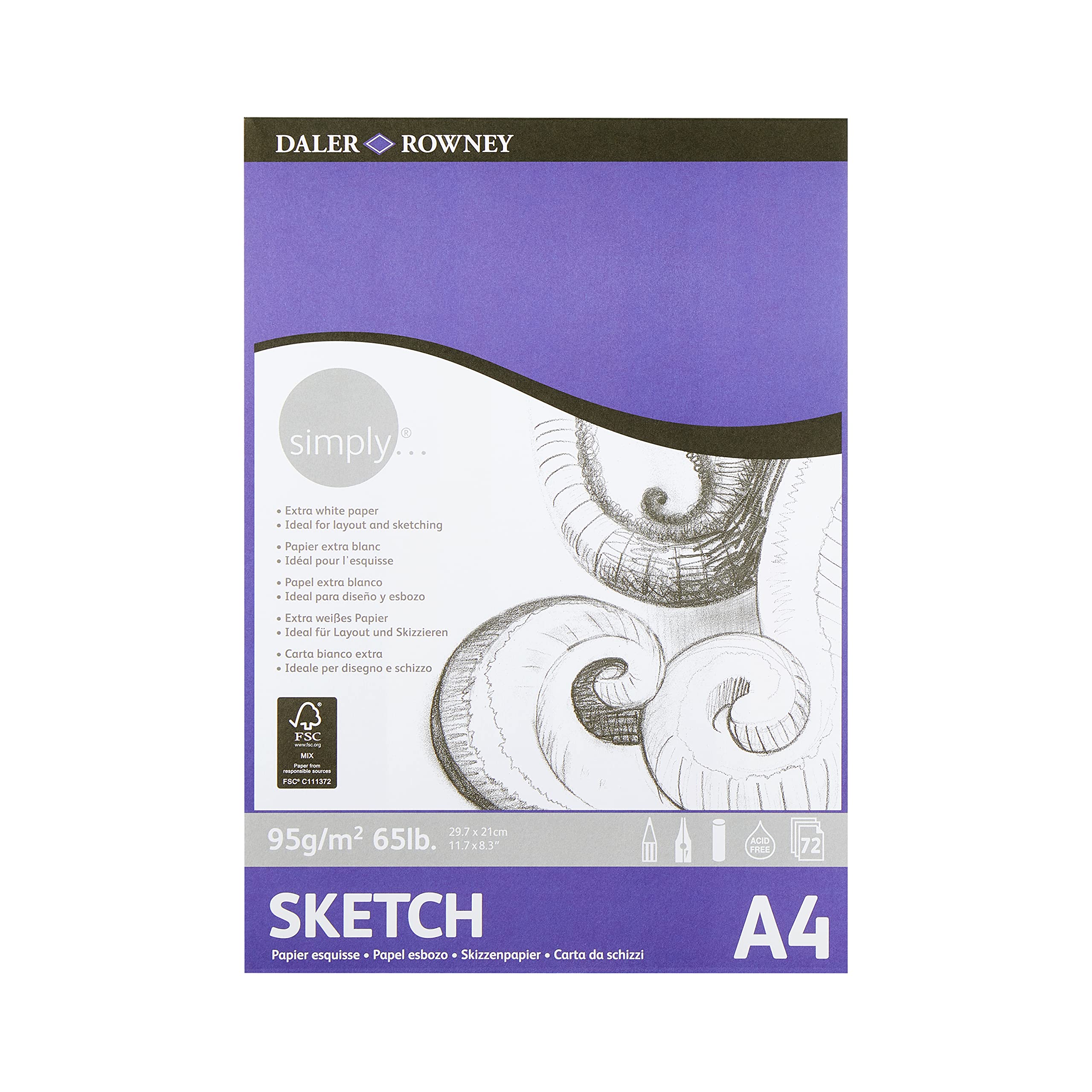 Daler-Rowney Simply Lightly Textured 95gsm A4 Sketching Paper, Glued 1 Side, 72 White Sheets, Ideal for Entry-Level Artists & Hobbyists