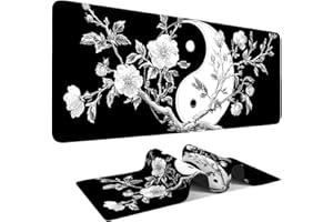 ANNA QUEEN Yin Yang Cherry Blossom Gaming Mouse Pad 31.5"x11.8", Black and White Floral Large Desk Mat, Extended Keyboard Mousepad with Non-Slip Rubber Base, Stitched Edges Mouse Pads for Desk Home Office Gaming