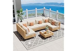 ABCASA Patio Furniture Set, 110" Large 7-Piece Wicker Outdoor Patio Furniture Sets with Coffee Table,Boho Patio Conversation Set Sectional Sofa with All-Weather Cushions for Backyard,Porch,Beige