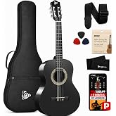 Pyle 30-Inch Beginner Acoustic Guitar Kit, 1/4 Size Junior Classical Nylon String Guitar for Kids and Adults, Includes Gig Bag, Strap, Spare Strings, Picks, Cleaning Cloth, 18 Frets, Black, Matte