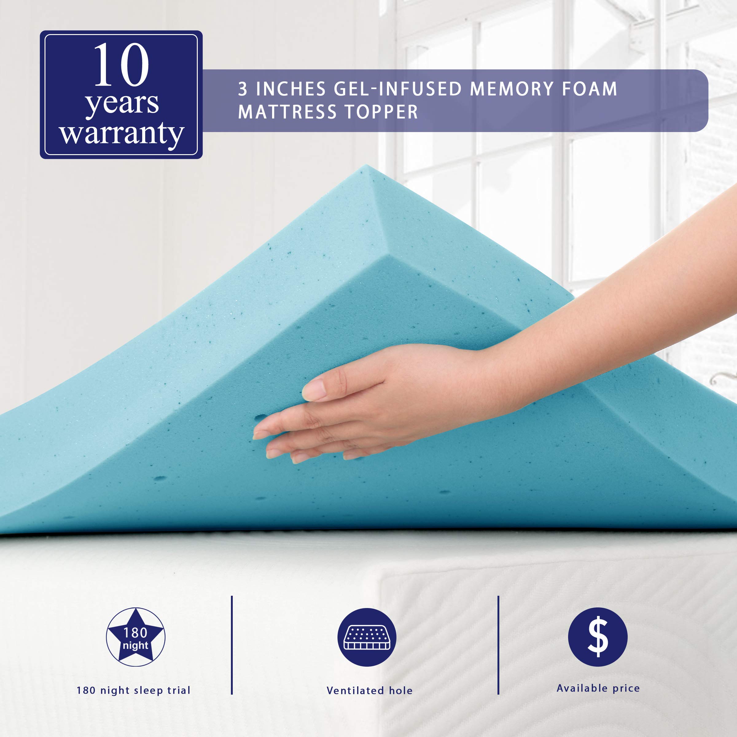 Subrtex 3 inches GelInfused Memory Foam Bed Mattress Topper High Density Cooling Pad Removable