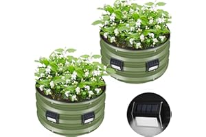 ZXZYHFTY Round Galvanized Raised Garden Bed kit,Green Outdoor Garden Raised Planter Box with 2 Black Solar-Powered Lights, Large Metal Raised Garden Beds for Vegetable 2 * 2 * 1ft (2pack)