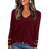 PRETTYGARDEN Women's Long Sleeve Shirts Ribbed Knit V Neck Tee Dressy Casual Blouses Going Out Tunic Tops 2026 Fall Outfits