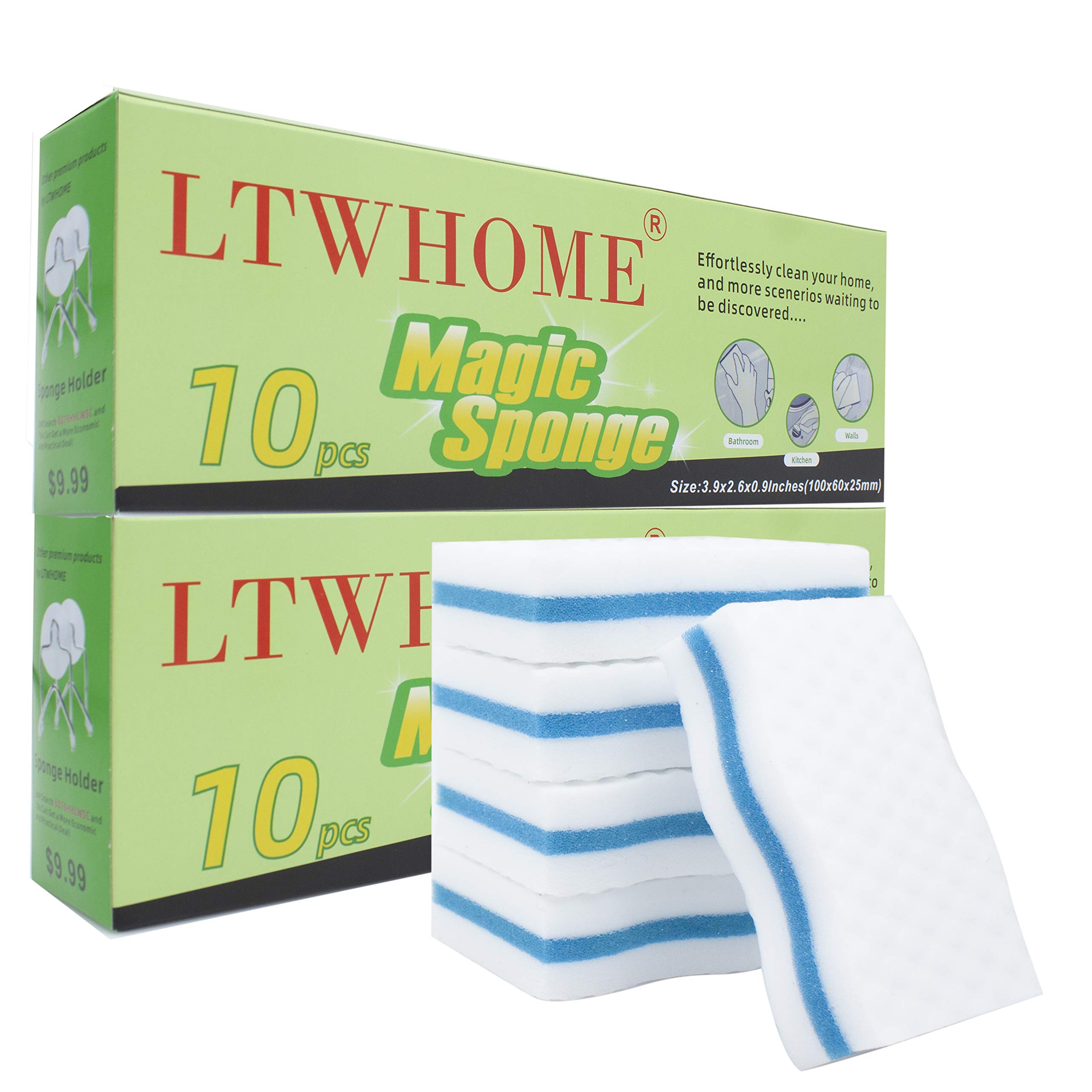 LTWHOME Magic Cleaning Dual Sided Wave Type Sponge Melamine High Temperature Compression Foam 100×60×25mm (Pack of 20)