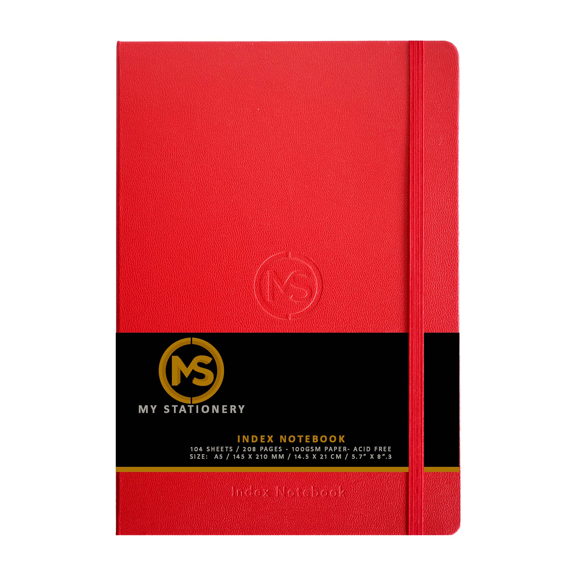 MS MY STATIONERY A5 Index Notebook Hardback Leatherette Cover 8mm Ruled Margin A-Z Tabs 264 Pages (132 Sheets) 100gsm White Paper - Red Cover