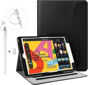Fintie Bundle: Multi-Angle (Black) Case Cover for iPad 7th Generation 10.2" + 3 Pieces (White) Apple Pencil Cap Holder, Nib Cover, Charging Cable Adapter Tether for Apple Pencil 1st Generation