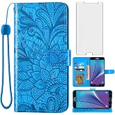 Asuwish Phone Case for Samsung Galaxy Note 5 with Tempered Glass Screen Protector and Lace Wallet Cover Flip Card Holder Stand Rugged Cell Accessories Glaxay Note5 Gaxaly Notes 5s Five Women Men Blue