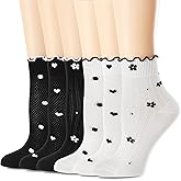 Mcool Mary Women's Ruffle Socks Thin Breathable Mesh Casual Cotton Frilly Cute Ankle Socks Polk dots Heart White Sock 6 Pack Size 5-9