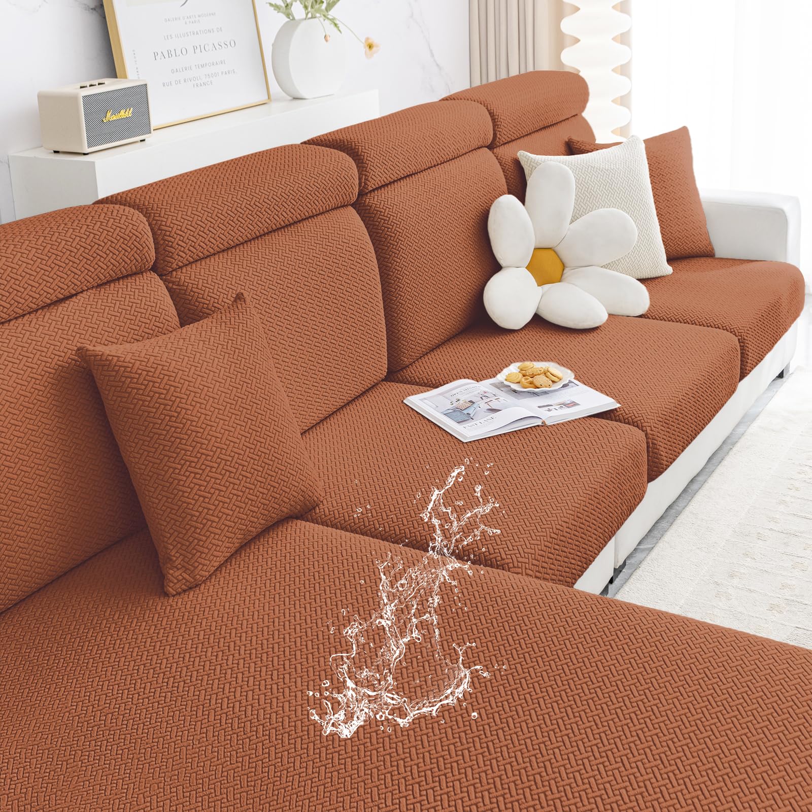 Smiry Waterproof Couch Cushion Covers, Stretch Jacquard Thick Sofa Cushion Covers, Washable Seat Slipcover Elastic Furniture Protector for Pets, Kid (Medium, Rust)