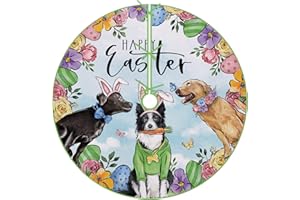 Fzbali Happy Easter Christmas Tree Skirt 48 Inches Lace-up Golden Retriever Dog Eggs Flowers Tree Skirt, Bunny Rabbit Ears Carrot Butterfly Holiday Party Indoor Decoration Home Decor