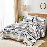 Dintszyayue Quilt Queen Size Sage Grey, 3 Pieces Boho Striped Bedspread Bedding for Queen Size Bed, Soft Lightweight Microfiber Bohemian Coverlet Set for All Season Quilts with 2 Pillowcases