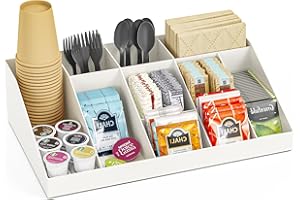 SZQINJI Coffee Condiment Organizer Station - 10-Compartment Break Room Coffee Station Caddy Cup Storage Bar Holder - White