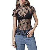 Women Mock Neck Short Sleeve Lace Top Sheer Floral Mesh Tee Shirt Summer Sexy Pary Club See Through Lace Undershirt (Black, XL)