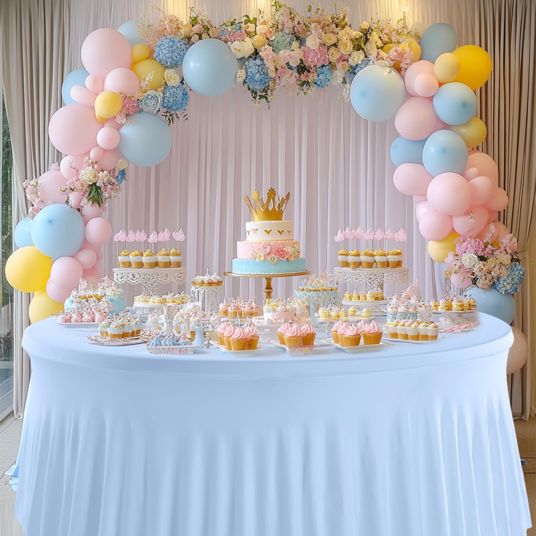 GALLETY Baby Blue Table Cloth for 5FT Round Tables, Fitted Spandex 120 inch Round Tablecloth, Wrinkle Free Table Skirt for Receptions Birthday Photography Party Social Events Baby Showers Decorations