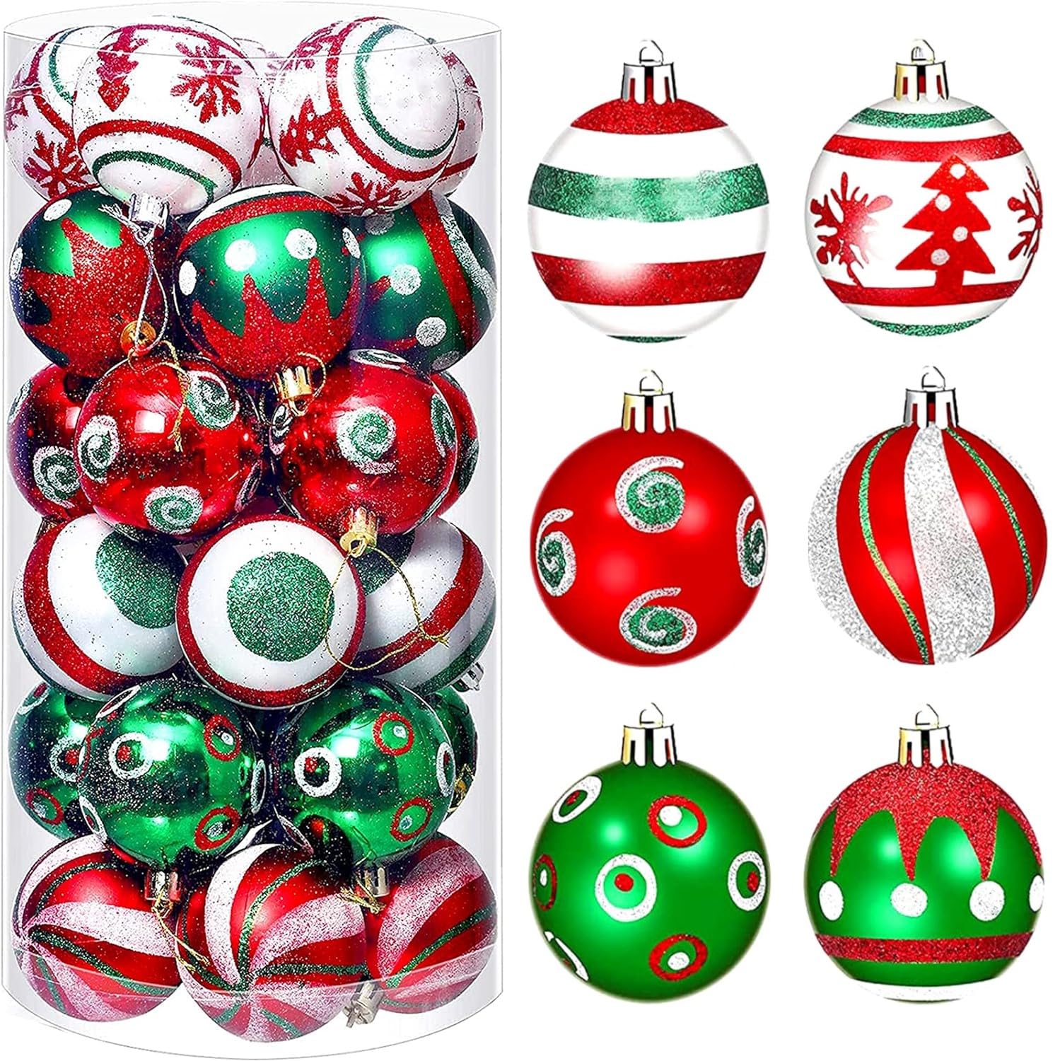 KAHEIGN 30Pcs Christmas Baubles, 6CM Red and Green Christmas Ball Ornaments Shatterproof Christmas Hanging Balls Sets for Christmas Tree Holidays Home Xmas Party Decoration (6 Styles)