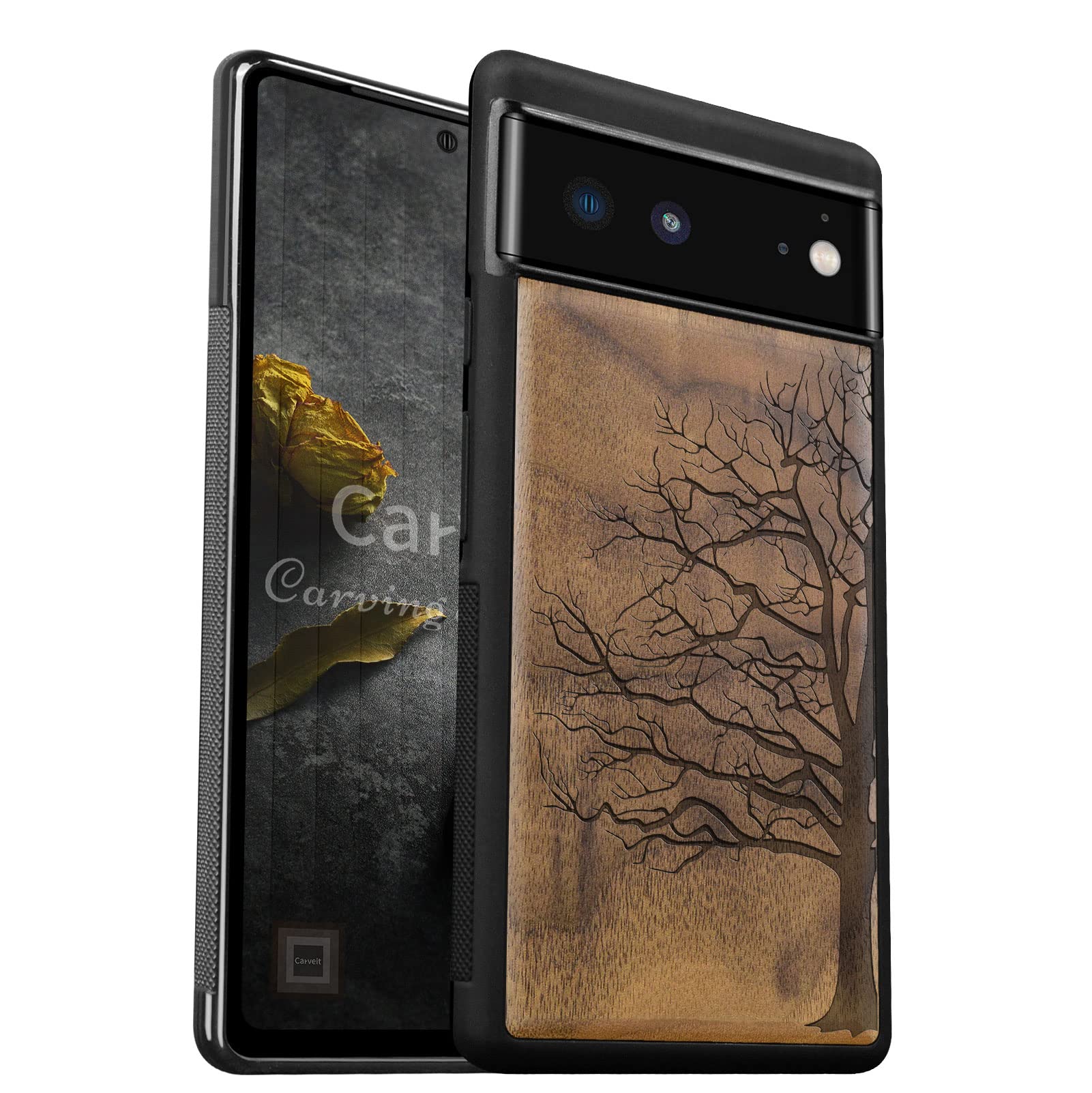Carveit Wood Case for Pixel 6 Protective Phone Pixel Cover [Hand sanded wooden artwork] Shockproof Hybrid Unique & Classy Wooden Case Compatible with Google Pixel 6 Case (Eternal Tree-Walnut)