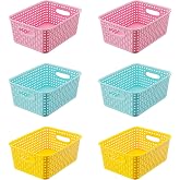 Colorful Small Plastic Storage Woven Baskets, 6 Pack Versatile Shelf Organizer Weave Baskets for Classrooms, Children's Rooms &amp; Pantries, Pink/Yellow/Blue-10x7.5x4 inch