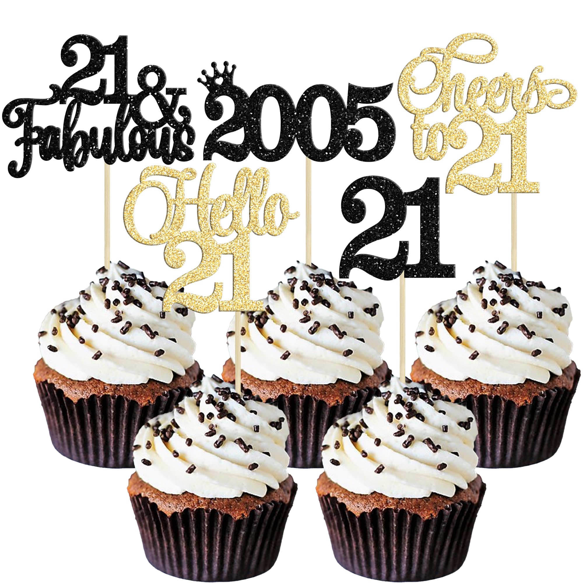 Gyufise 30Pcs 21st Birthday Cupcake Toppers Hello 21 Cupcake Picks 2005 Cake Toppers for Happy 21st Birthday Anniversary Party Cake Decorations Supplies Gold Black